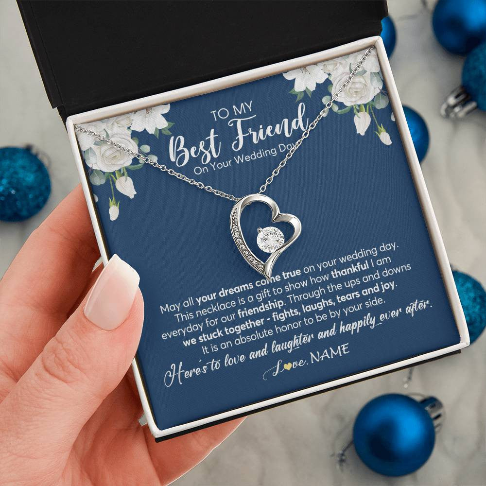 Forever Love Necklace 14K White Gold Finish | 2 | Personalized To My Best Friend On Her Wedding Day Necklace Bride Gifts From Maid Of Honor Thankful Best Friend Gifts Jewelry Customized Gift Box Message Card | siriusteestore