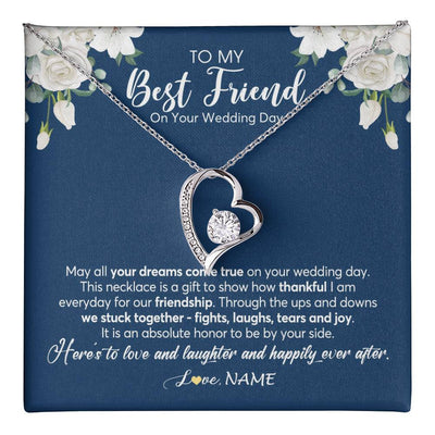 Forever Love Necklace 14K White Gold Finish | 1 | Personalized To My Best Friend On Her Wedding Day Necklace Bride Gifts From Maid Of Honor Thankful Best Friend Jewelry Customized Gift Box Message Card | siriusteestore