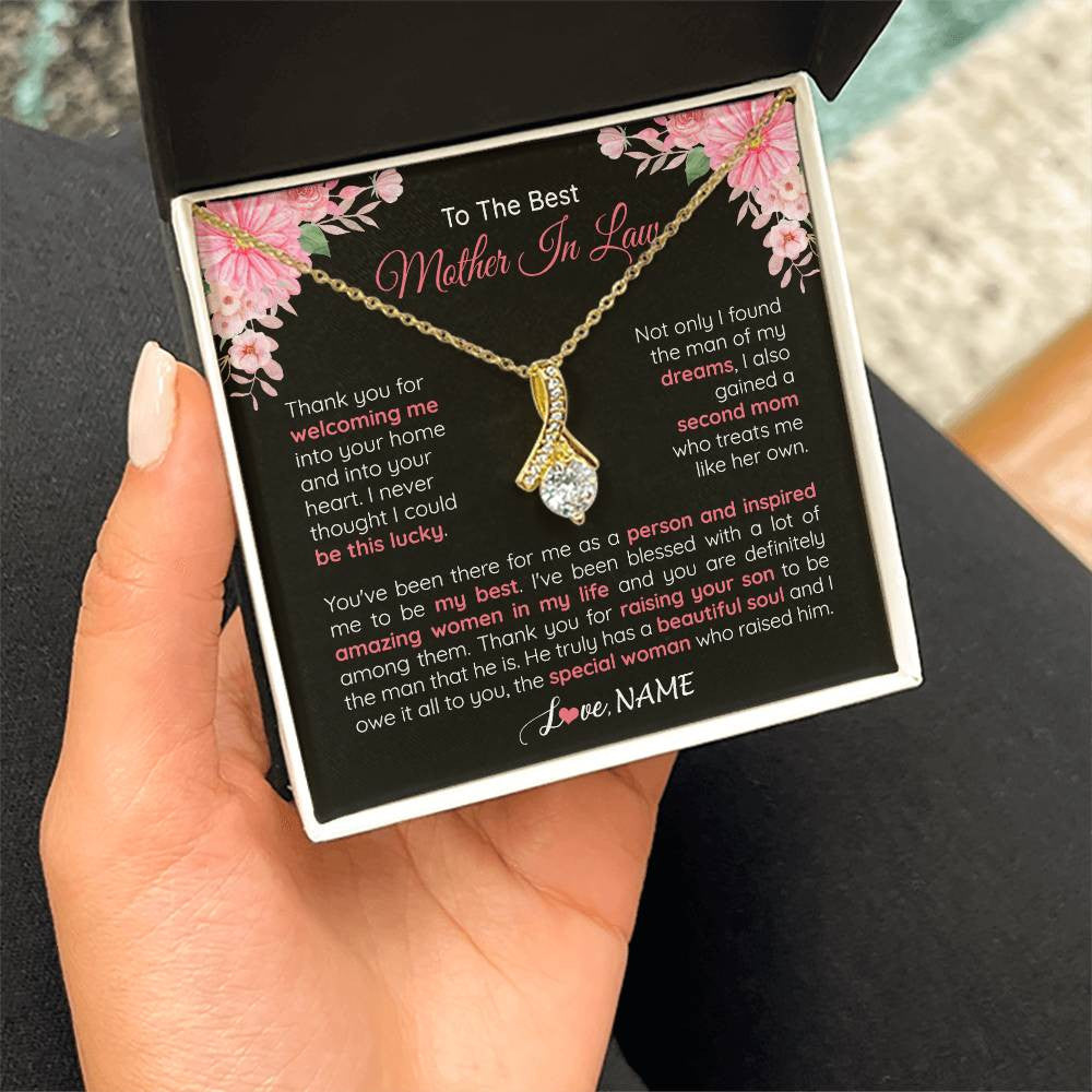 Alluring Beauty Necklace 18K Yellow Gold Finish | 2 | Personalized To My Best Mother In Law Necklace From Daugter In Law Thank You Husband Mom Mother Birthday Wedding Day Christmas Customized Gift Box Message Card | siriusteestore