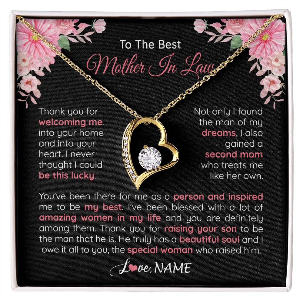 Forever Love Necklace 18K Yellow Gold Finish | 1 | Personalized To My Best Mother In Law Necklace From Daugter In Law Thank You Husband Mom Mother Birthday Wedding Day Christmas Customized Gift Box Message Card | siriusteestore