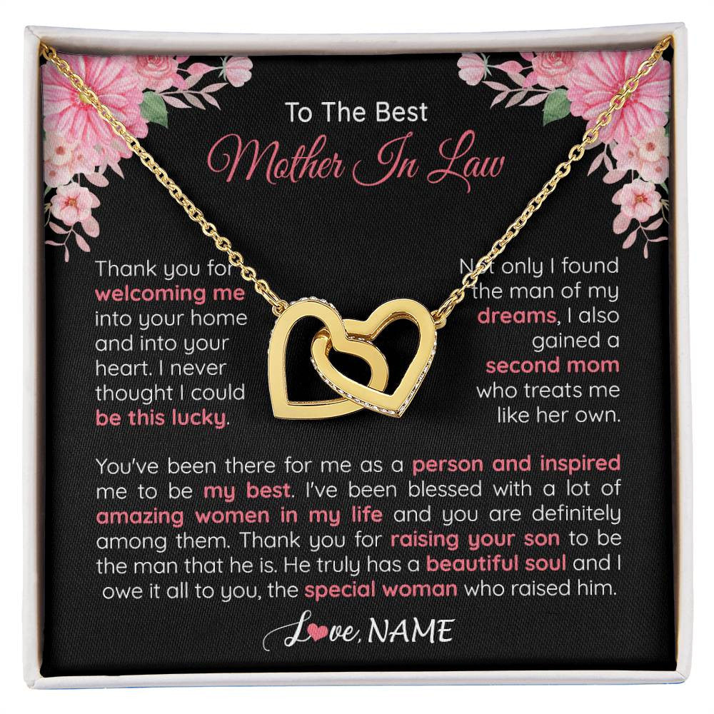 Interlocking Hearts Necklace 18K Yellow Gold Finish | 1 | Personalized To My Best Mother In Law Necklace From Daugter In Law Thank You Husband Mom Mother Birthday Wedding Day Christmas Customized Gift Box Message Card | siriusteestore
