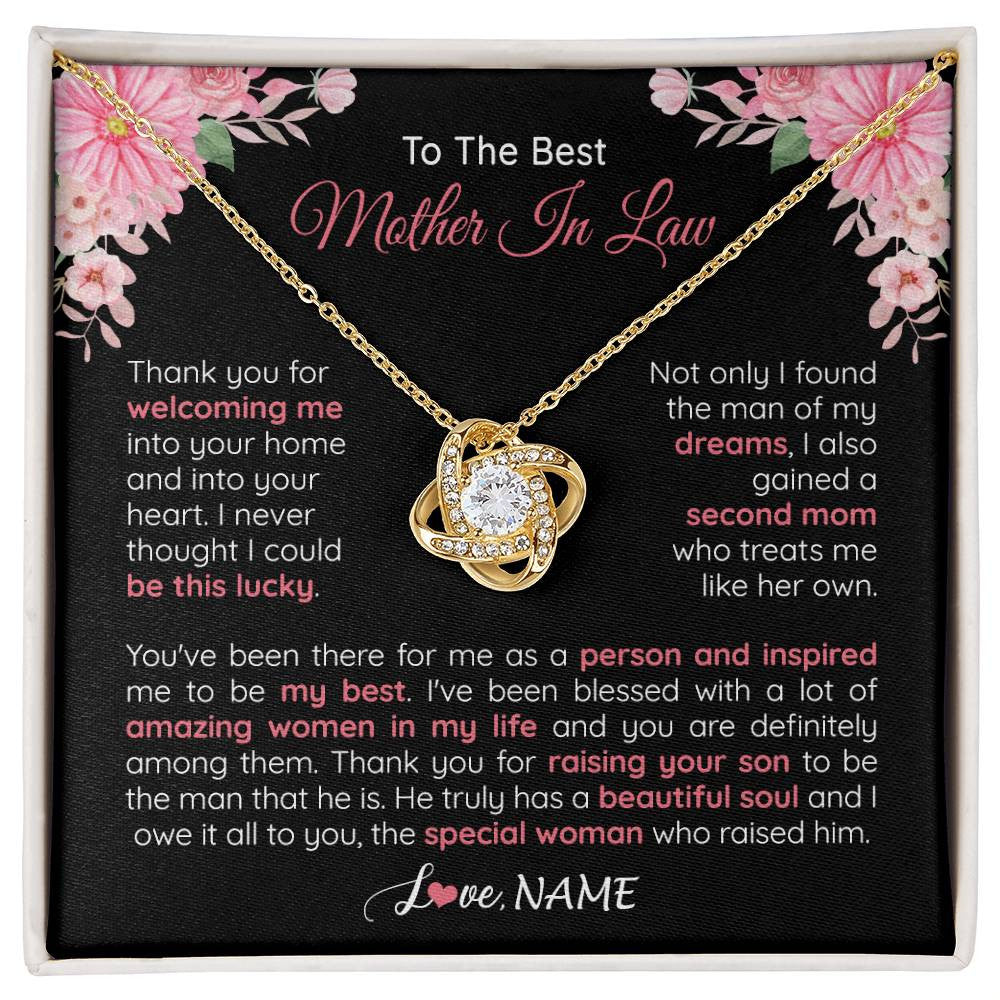 Love Knot Necklace 18K Yellow Gold Finish | 1 | Personalized To My Best Mother In Law Necklace From Daugter In Law Thank You Husband Mom Mother Birthday Wedding Day Christmas Customized Gift Box Message Card | siriusteestore