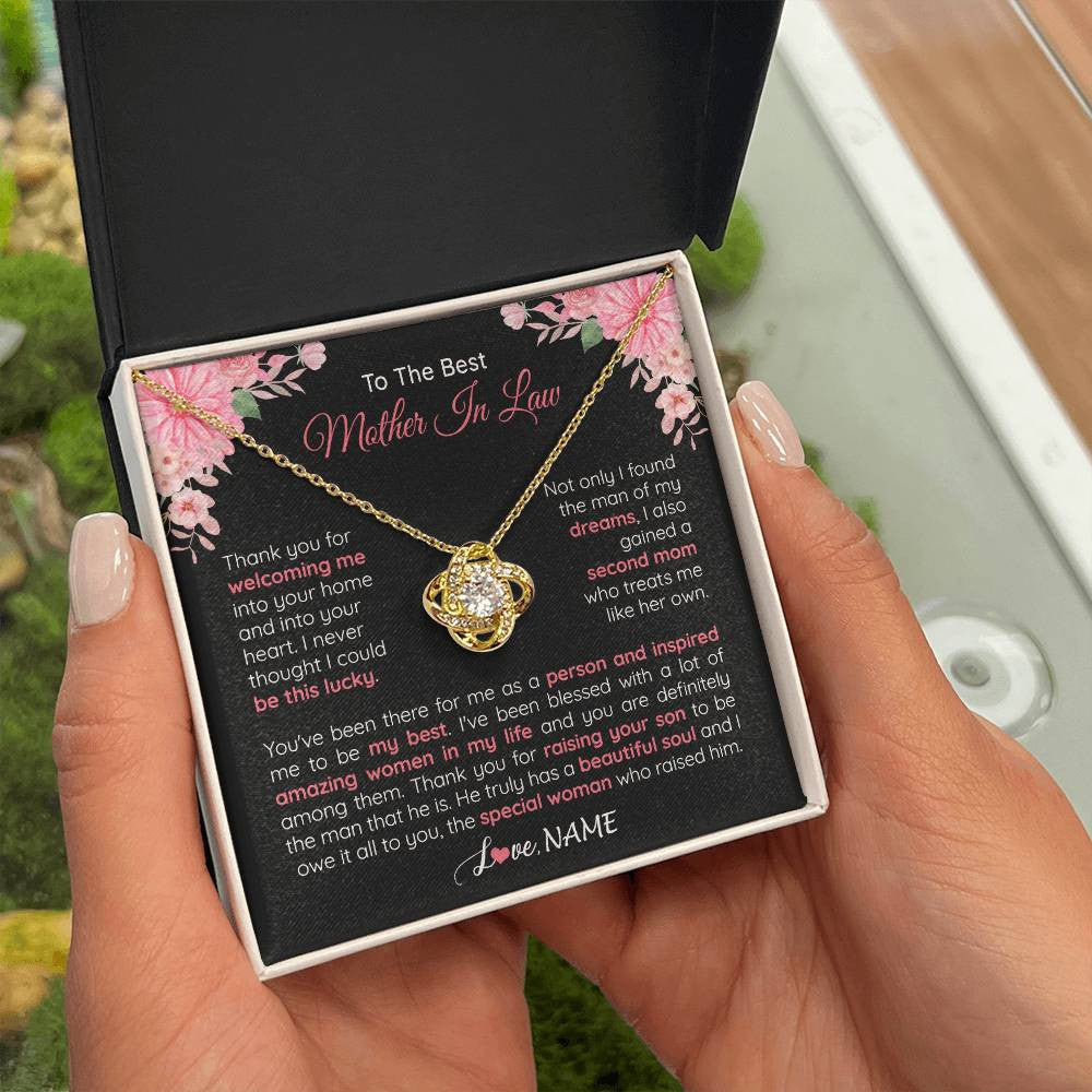 Love Knot Necklace 18K Yellow Gold Finish | 2 | Personalized To My Best Mother In Law Necklace From Daugter In Law Thank You Husband Mom Mother Birthday Wedding Day Christmas Customized Gift Box Message Card | siriusteestore