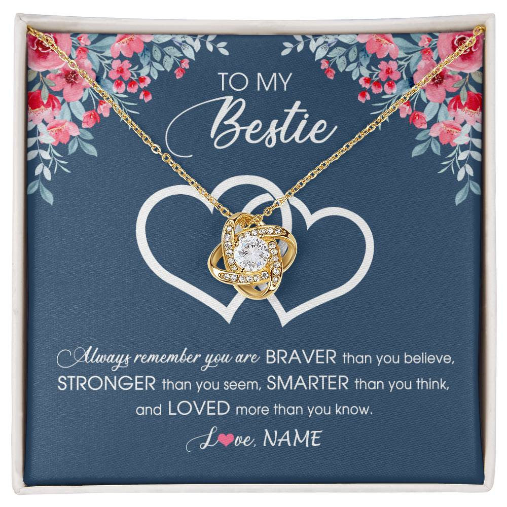 Love Knot Necklace 18K Yellow Gold Finish | Personalized To My Bestie Necklace From Friend Sister Braver Stronger Smarter Loved Best Friend Jewelry Birthday Graduation Christmas Customized Message Card | siriusteestore