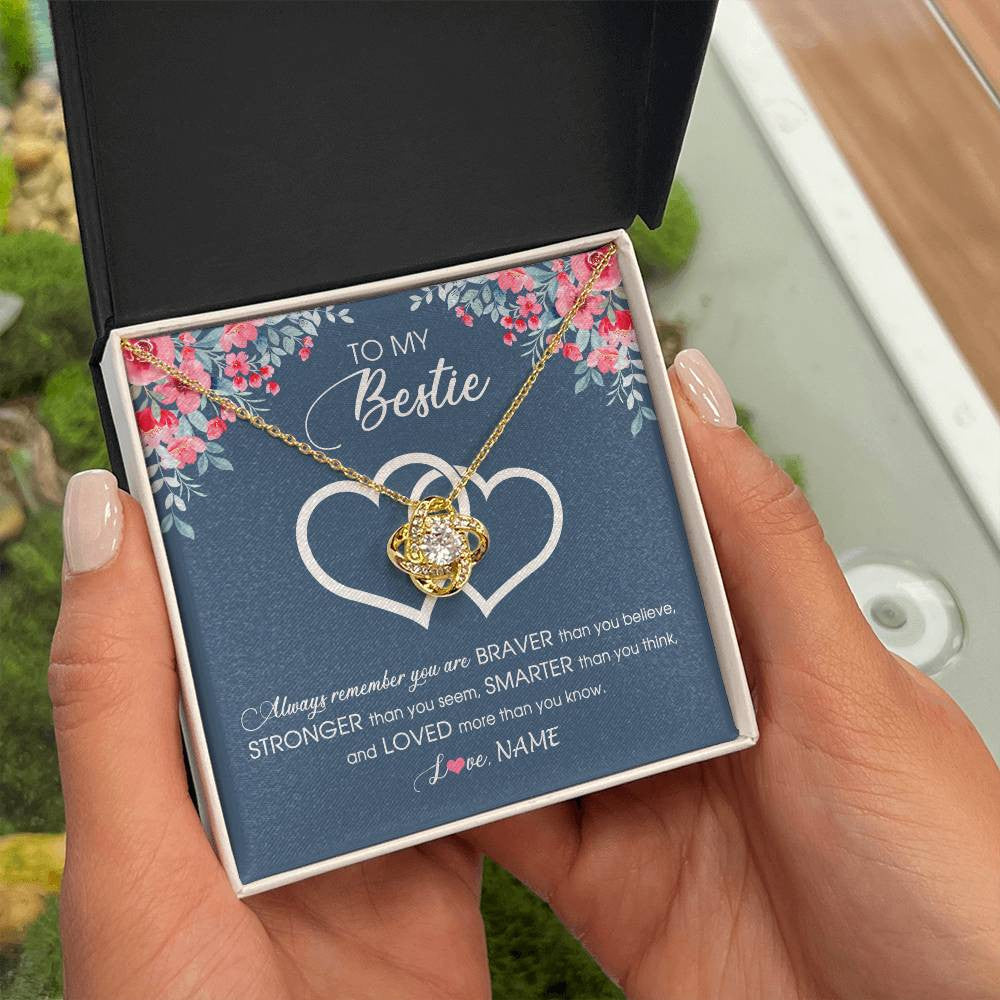 Love Knot Necklace 18K Yellow Gold Finish | Personalized To My Bestie Necklace From Friend Sister Braver Stronger Smarter Loved Best Friend Jewelry Birthday Graduation Christmas Customized Message Card | siriusteestore