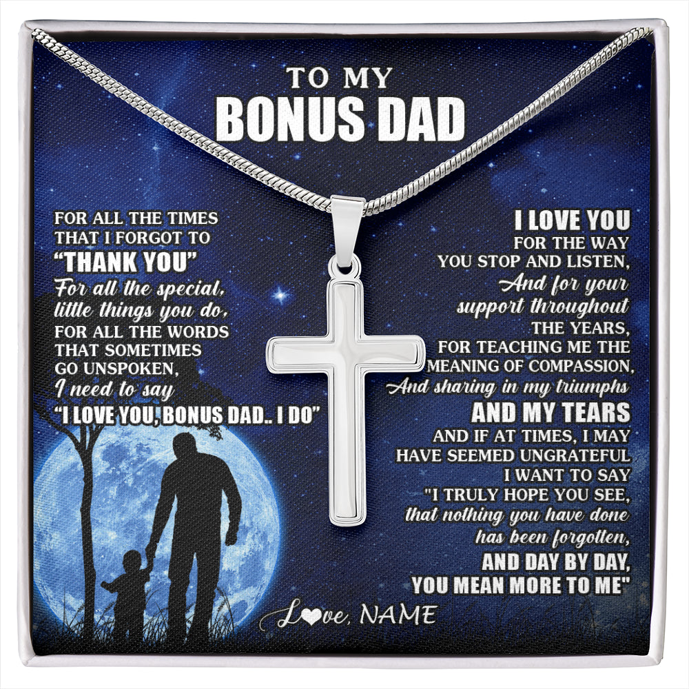 Stainless Cross Necklace Stainless Steel | 1 | Personalized To My Bonus Dad Necklace From Step Daughter Son Thank You Grateful Love Stepdad Birthday Fathers Day Christmas Customized Gift Box Message Card | siriusteestore