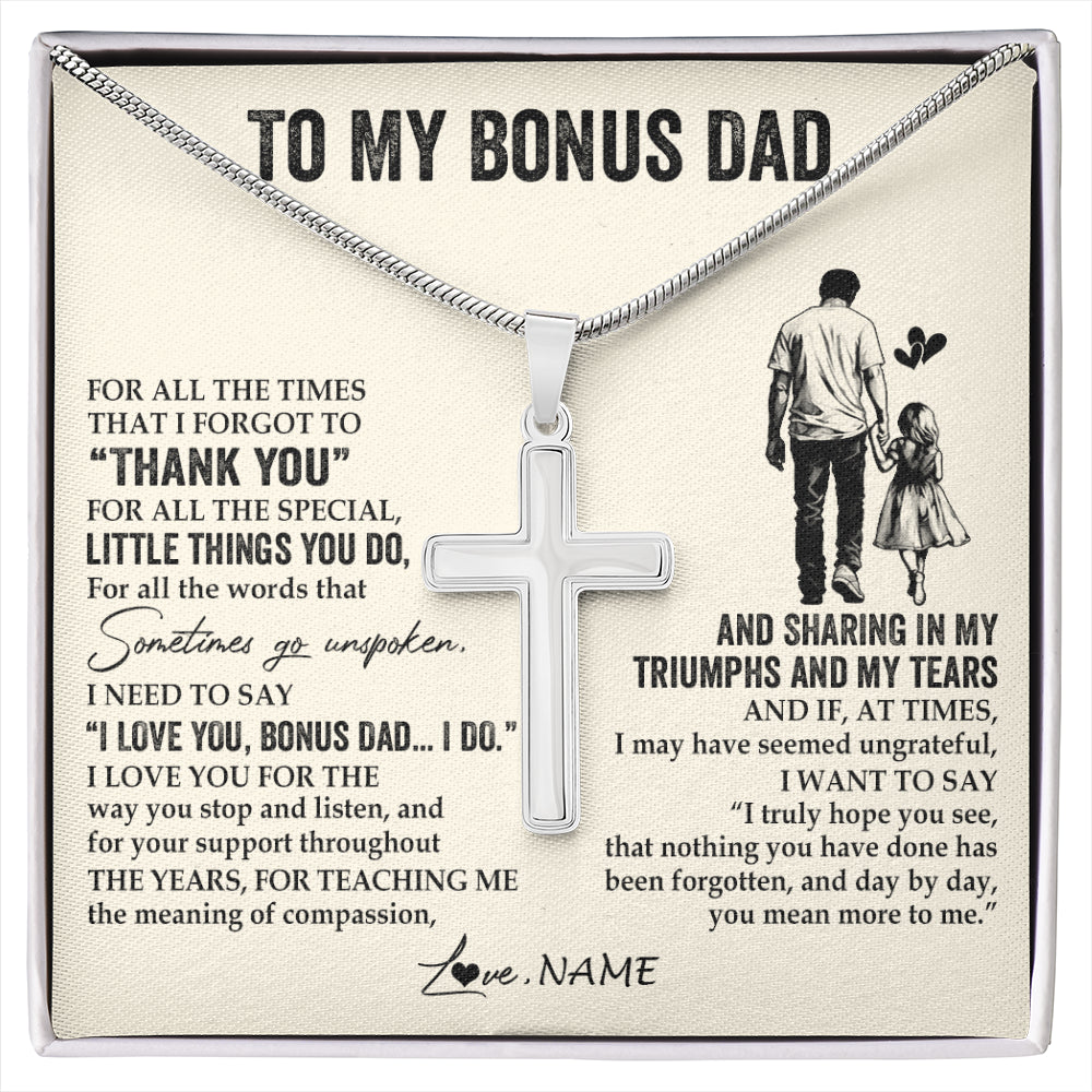 Stainless Cross Necklace Stainless Steel | 1 | Personalized To My Bonus Dad Necklace From Stepdaughter For All The Times That I Forgot To Thank You Fathers Day Christmas Customized Gift Box Message Card | siriusteestore