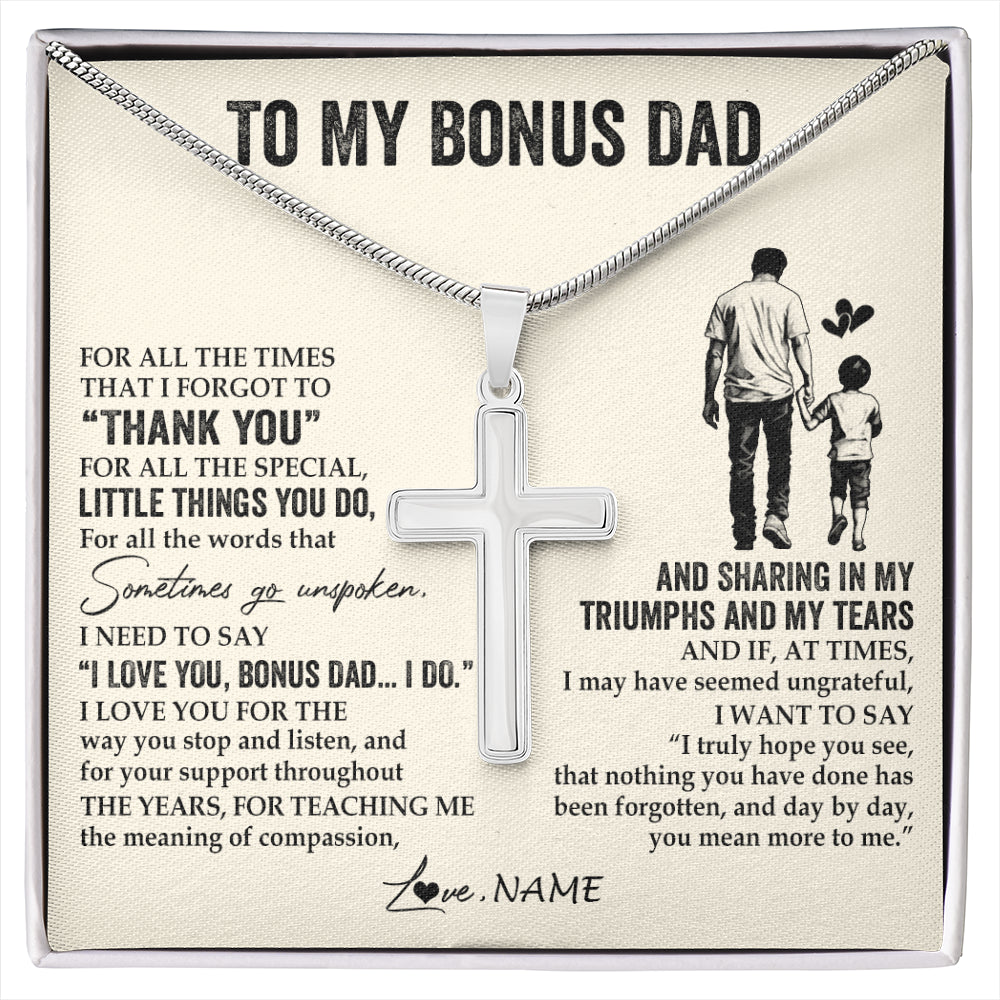 Stainless Cross Necklace Stainless Steel | 1 | Personalized To My Bonus Dad Necklace From Stepson For All The Times That I Forgot To Thank You Birthday Fathers Day Christmas Customized Gift Box Message Card | siriusteestore