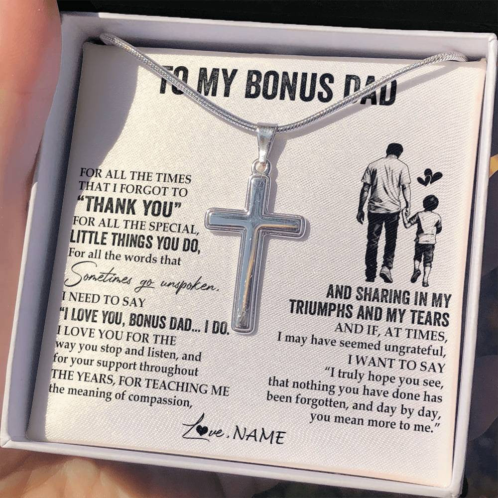 Stainless Cross Necklace Stainless Steel | 2 | Personalized To My Bonus Dad Necklace From Stepson For All The Times That I Forgot To Thank You Birthday Fathers Day Christmas Customized Gift Box Message Card | siriusteestore