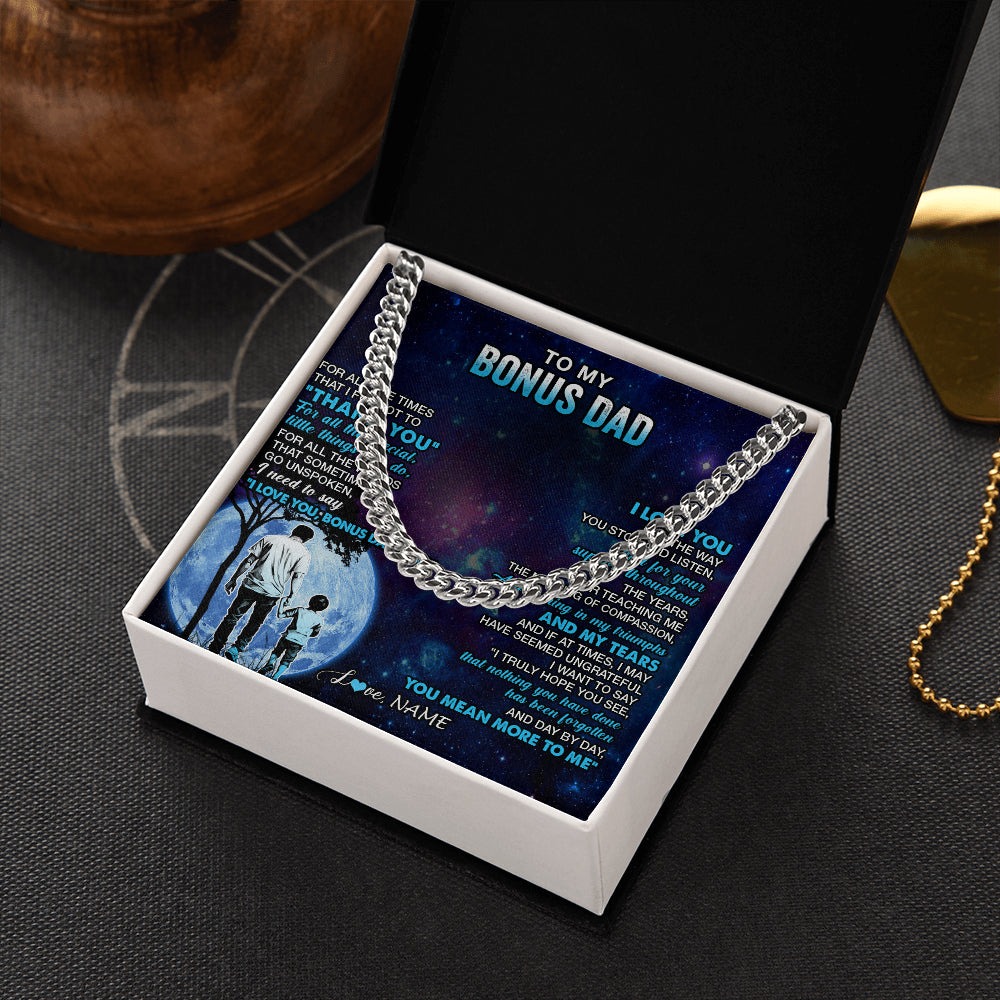 Cuban Link Chain Necklace Stainless Steel | 2 | Personalized To My Bonus Dad Necklace From Stepson Thank You Day By Day Stepdad Birthday Gifts Fathers Day Christmas Customized Gift Box Message Card | siriusteestore