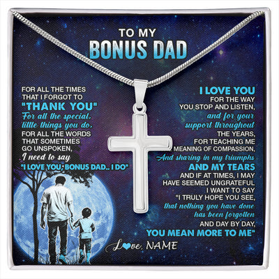 Stainless Cross Necklace Stainless Steel | 1 | Personalized To My Bonus Dad Necklace From Stepson Thank You Day By Day Stepdad Birthday Gifts Fathers Day Christmas Customized Gift Box Message Card | siriusteestore