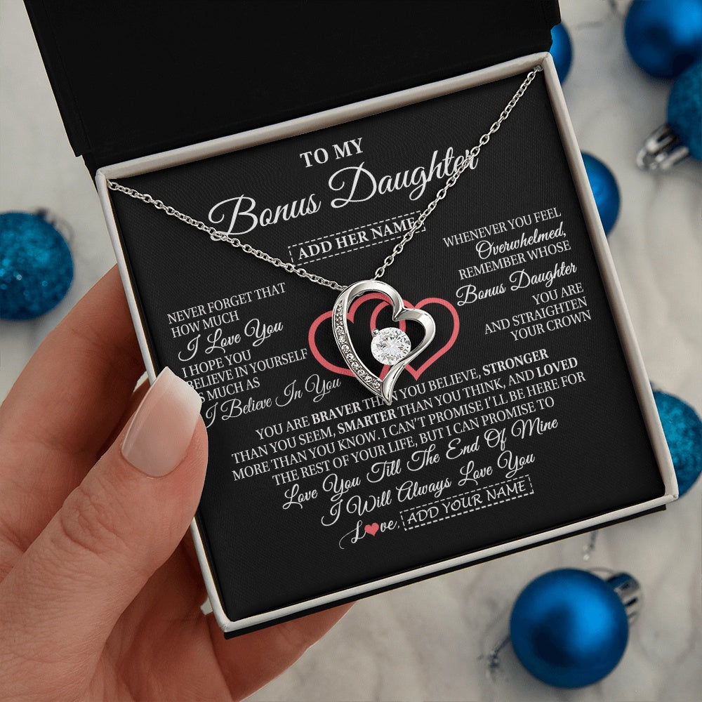 Forever Love Necklace 14K White Gold Finish | 2 | Personalized To My Bonus Daughter Birthday Gifts From Stepmother Stepdad Always Love You Stepdaughter Gifts Necklace Christmas Custom Gift Box Message Card | siriusteestore.myshopify