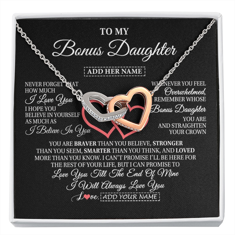 Interlocking Hearts Necklace Stainless Steel & Rose Gold Finish | 1 | Personalized To My Bonus Daughter Birthday Gifts From Stepmother Stepdad Always Love You Stepdaughter Gifts Necklace Christmas Custom Gift Box Message Card | siriusteestore.myshopify