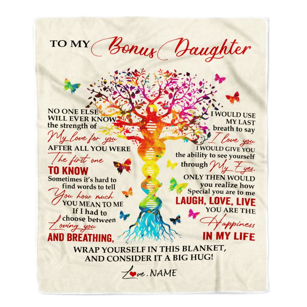 Personalized To My Bonus Daughter Blanket From Stepmom DNA Colorful Tree Stepdaughter Birthday Celebrating Graduation Christmas Customized Gift Fleece Blanket | siriusteestore