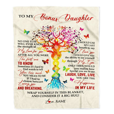 Personalized To My Bonus Daughter Blanket From Stepmom DNA Colorful Tree Stepdaughter Birthday Celebrating Graduation Christmas Customized Gift Fleece Blanket | siriusteestore