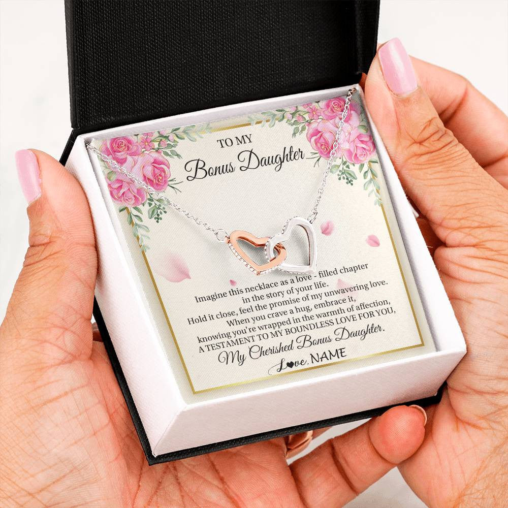 Interlocking Hearts Necklace Stainless Steel & Rose Gold Finish | 2 | Personalized To My Bonus Daughter From Stepmom Imagine This Necklace As A Love Stepddaughter Birthday Jewelry Christmas Customized Gift Box Message Card | siriusteestore