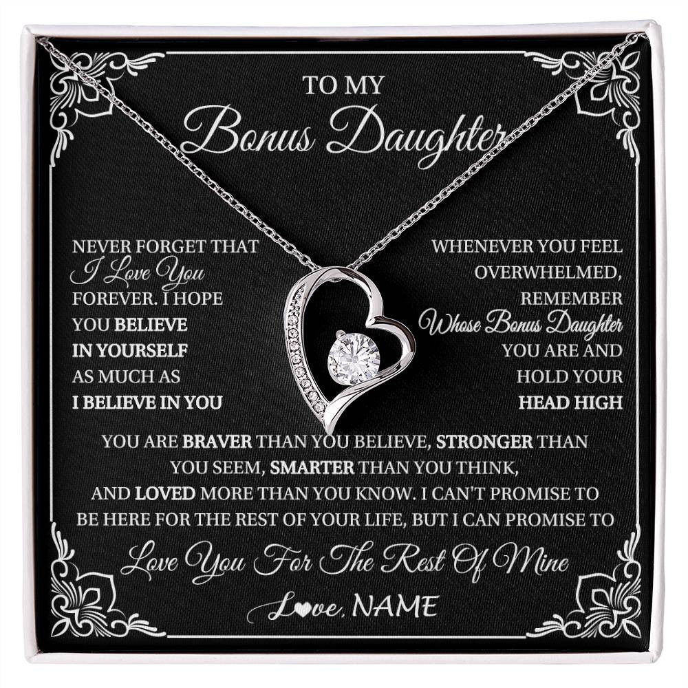 Forever Love Necklace 14K White Gold Finish | 1 | Personalized To My Bonus Daughter Gift From Stepmom Dad Necklace I Love You Believe In You Birthday Gifts Christmas Customized Gift Box Message Card | siriusteestore