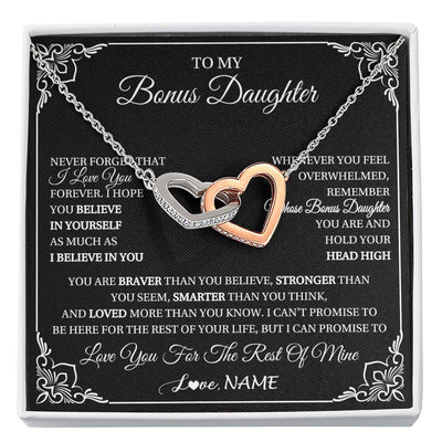Interlocking Hearts Necklace Stainless Steel & Rose Gold Finish | 1 | Personalized To My Bonus Daughter Gift From Stepmom Dad Necklace I Love You Believe In You Birthday Gifts Christmas Customized Gift Box Message Card | siriusteestore