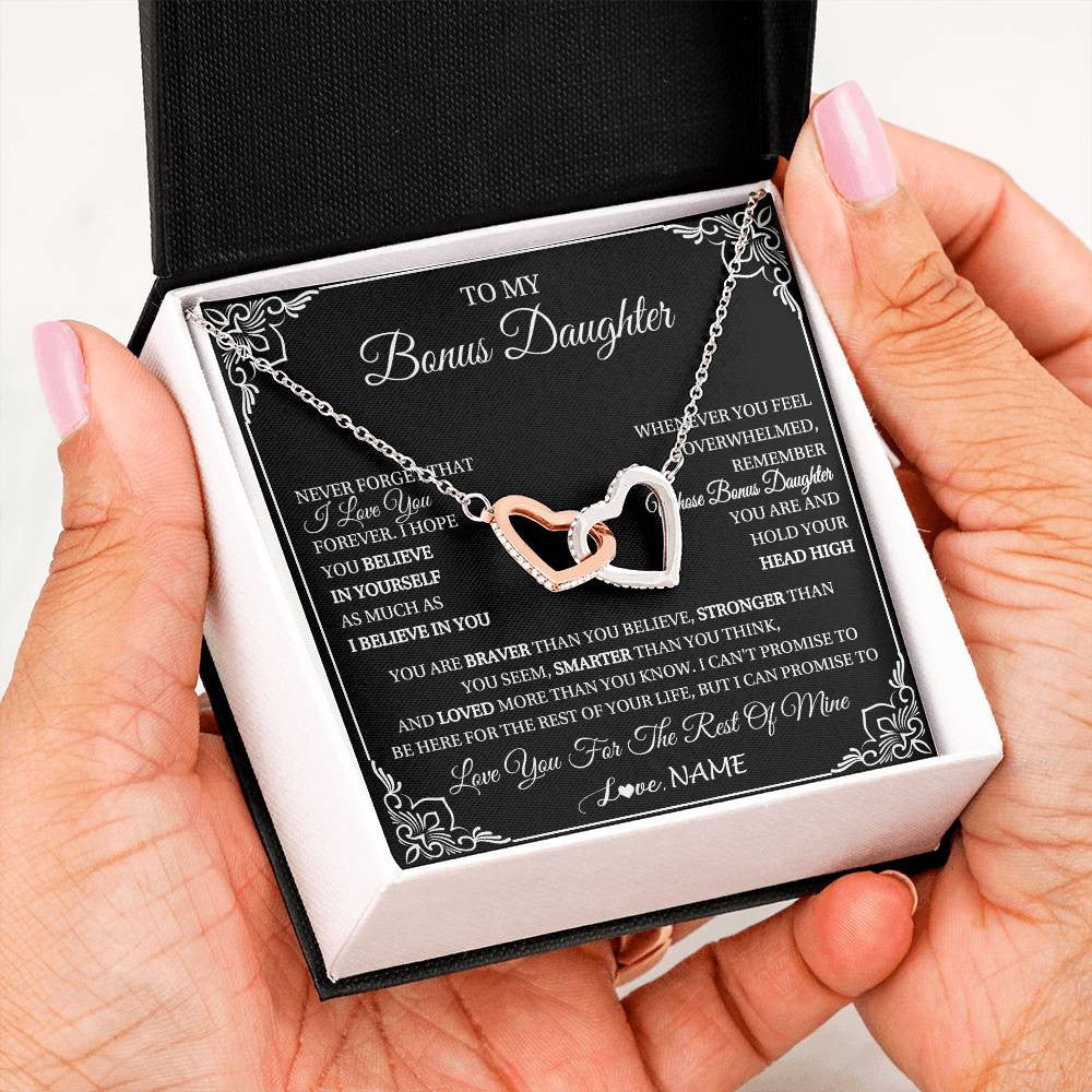 Interlocking Hearts Necklace Stainless Steel & Rose Gold Finish | 2 | Personalized To My Bonus Daughter Gift From Stepmom Dad Necklace I Love You Believe In You Birthday Gifts Christmas Customized Gift Box Message Card | siriusteestore