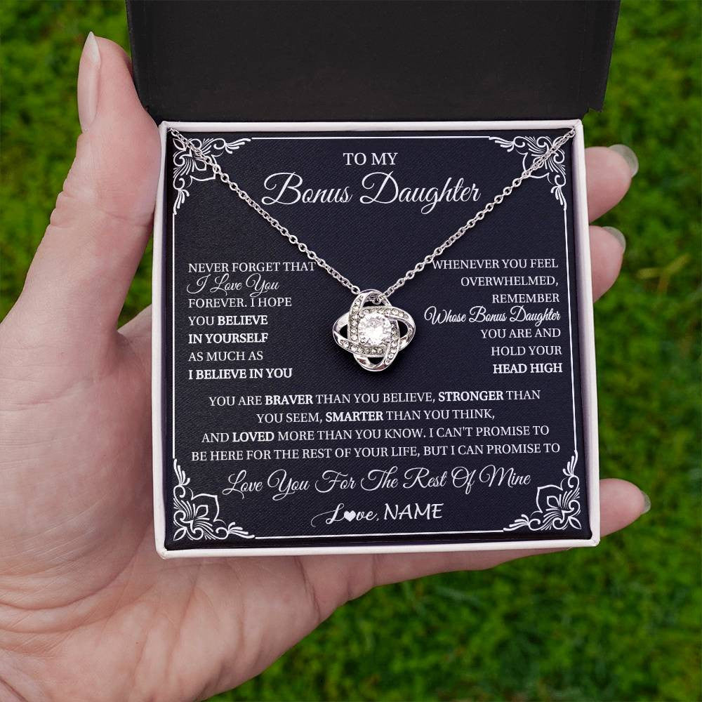 Love Knot Necklace 14K White Gold Finish | 2 | Personalized To My Bonus Daughter Gift From Stepmom Dad Necklace I Love You Believe In You Birthday Gifts Christmas Customized Gift Box Message Card | siriusteestore
