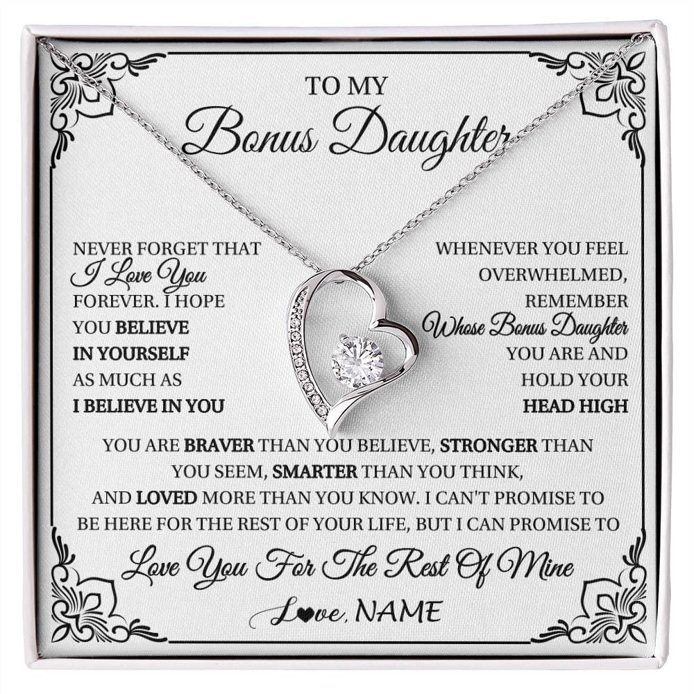 Forever Love Necklace 14K White Gold Finish | 1 | Personalized To My Bonus Daughter Gift Necklace From Stepmom Dad I Love You Believe In You Birthday Gifts Christmas Customized Gift Box Message Card | siriusteestore