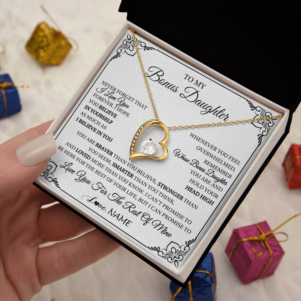 Forever Love Necklace 18K Yellow Gold Finish | 2 | Personalized To My Bonus Daughter Gift Necklace From Stepmom Dad I Love You Believe In You Birthday Gifts Christmas Customized Gift Box Message Card | siriusteestore