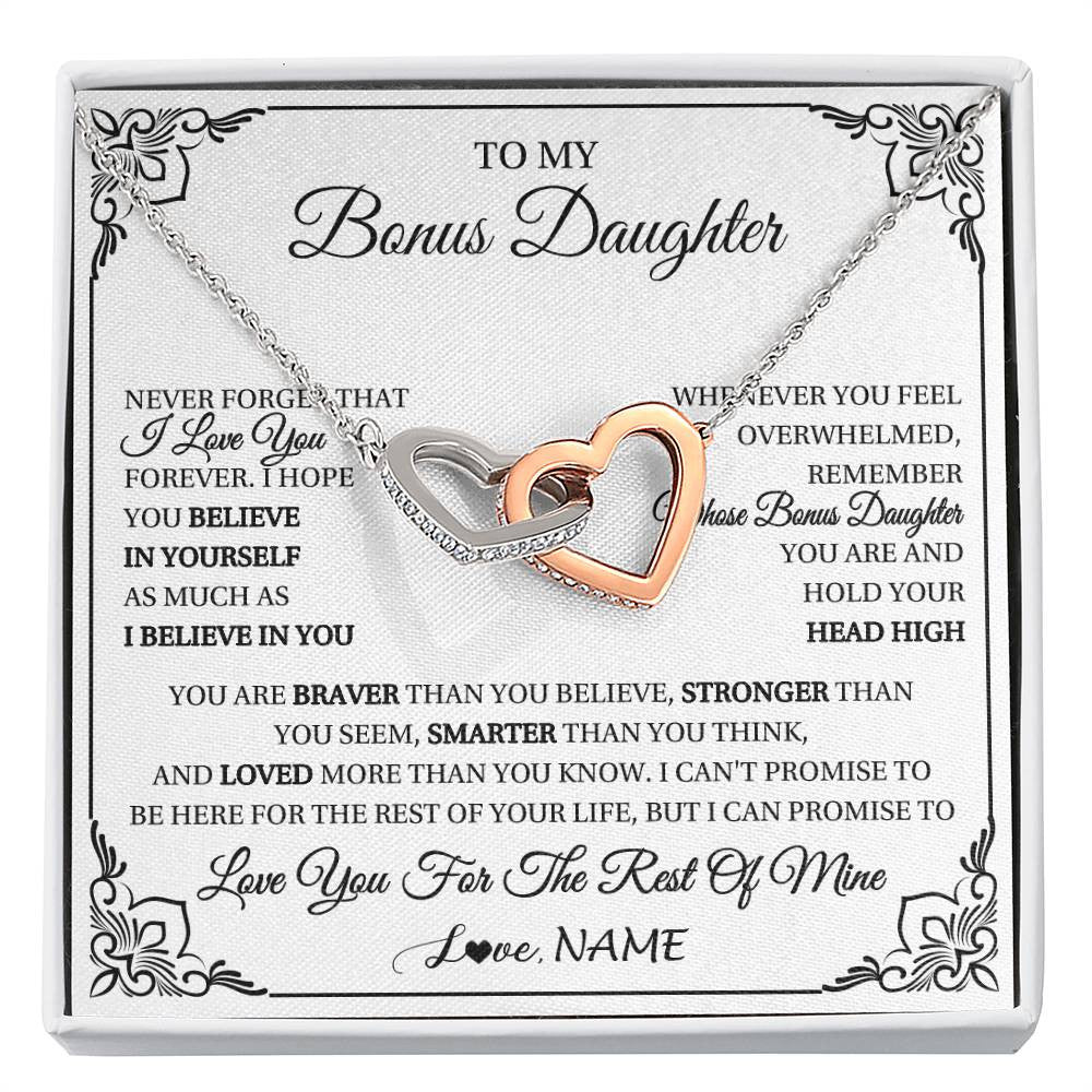 Interlocking Hearts Necklace Stainless Steel & Rose Gold Finish | 1 | Personalized To My Bonus Daughter Gift Necklace From Stepmom Dad I Love You Believe In You Birthday Gifts Christmas Customized Gift Box Message Card | siriusteestore