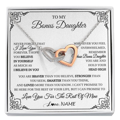Interlocking Hearts Necklace Stainless Steel & Rose Gold Finish | 1 | Personalized To My Bonus Daughter Gift Necklace From Stepmom Dad I Love You Believe In You Birthday Gifts Christmas Customized Gift Box Message Card | siriusteestore