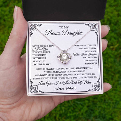 Love Knot Necklace 14K White Gold Finish | 2 | Personalized To My Bonus Daughter Gift Necklace From Stepmom Dad I Love You Believe In You Birthday Gifts Christmas Customized Gift Box Message Card | siriusteestore