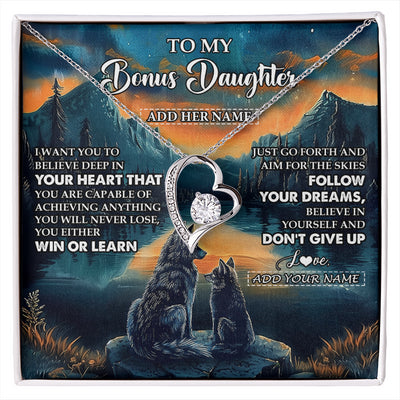 Forever Love Necklace 14K White Gold Finish | 1 | Personalized To My Bonus Daughter Gifts From Step Mom Necklace Don't Give Up Wolf Gifts For Stepdaughter Birthday Graduation Christmas Gift Box Message Card | siriusteestore