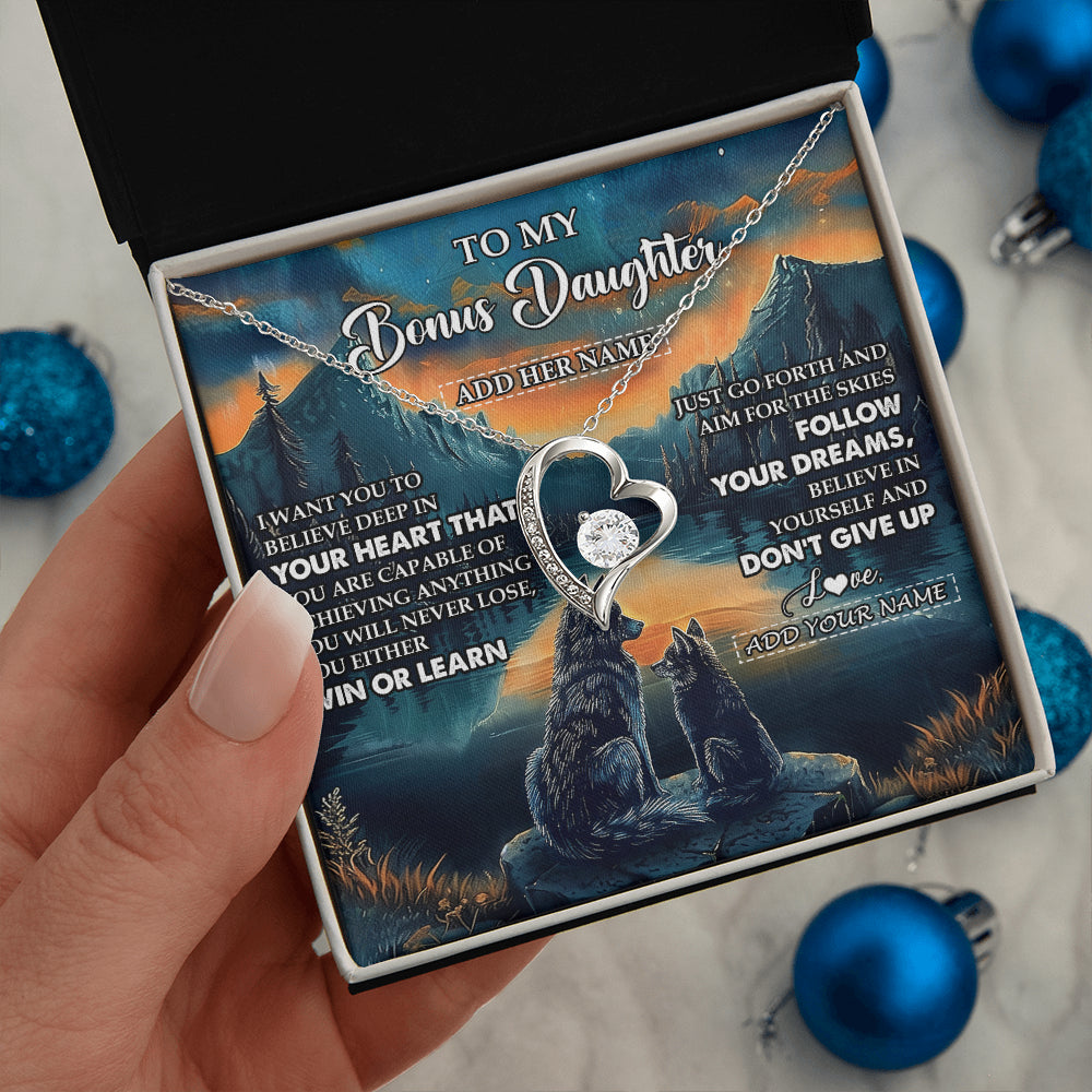 Forever Love Necklace 14K White Gold Finish | 2 | Personalized To My Bonus Daughter Gifts From Step Mom Necklace Don't Give Up Wolf Gifts For Stepdaughter Birthday Graduation Christmas Gift Box Message Card | siriusteestore