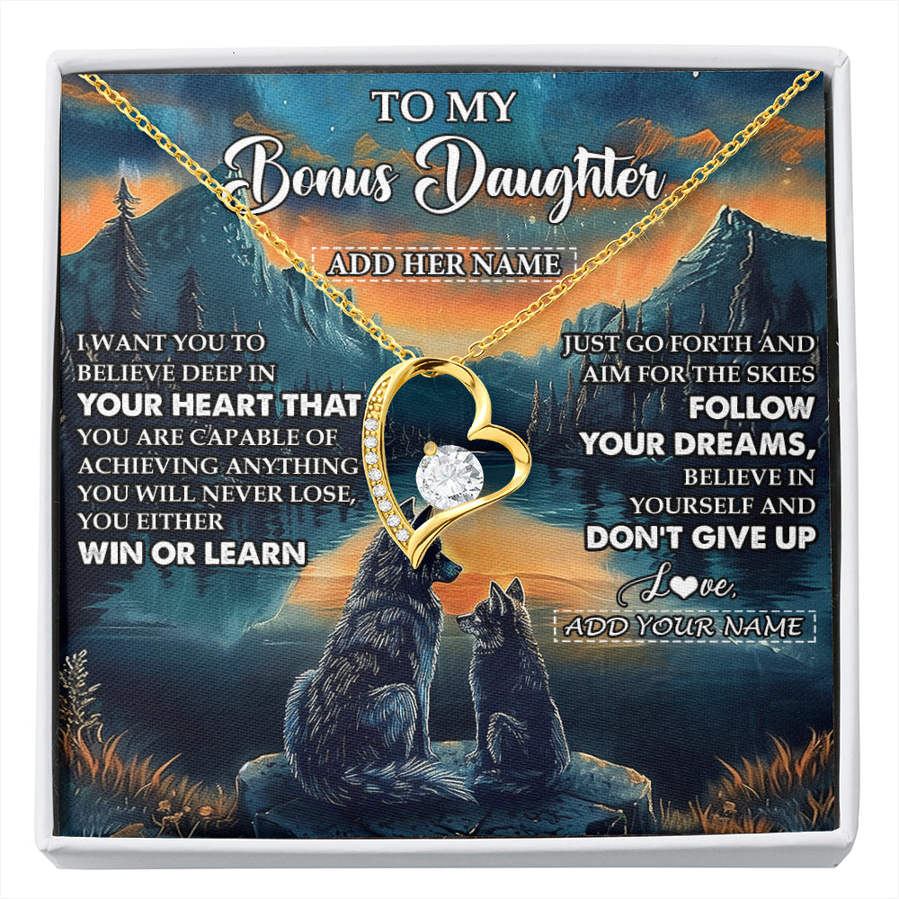 Forever Love Necklace 18K Yellow Gold Finish | 1 | Personalized To My Bonus Daughter Gifts From Step Mom Necklace Don't Give Up Wolf Gifts For Stepdaughter Birthday Graduation Christmas Gift Box Message Card | siriusteestore