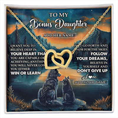 Interlocking Hearts Necklace 18K Yellow Gold Finish | 1 | Personalized To My Bonus Daughter Gifts From Step Mom Necklace Don't Give Up Wolf Gifts For Stepdaughter Birthday Graduation Christmas Gift Box Message Card | siriusteestore