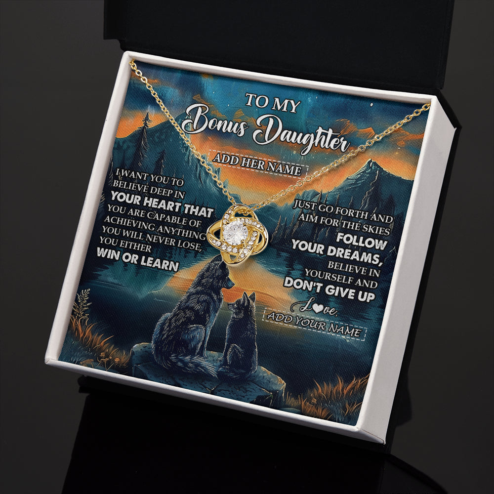 Love Knot Necklace 18K Yellow Gold Finish | 2 | Personalized To My Bonus Daughter Gifts From Step Mom Necklace Don't Give Up Wolf Gifts For Stepdaughter Birthday Graduation Christmas Gift Box Message Card | siriusteestore