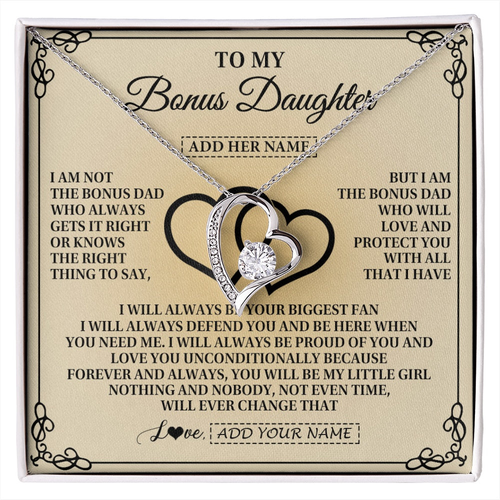 Forever Love Necklace 14K White Gold Finish | 1 | Personalized To My Bonus Daughter Gifts From Stepdad Bonus Daughter Birthday Gifts Jewelry Women Stepdaughter Pendant Necklace Christmas Gift Box Message Card | https://siriusteestore.