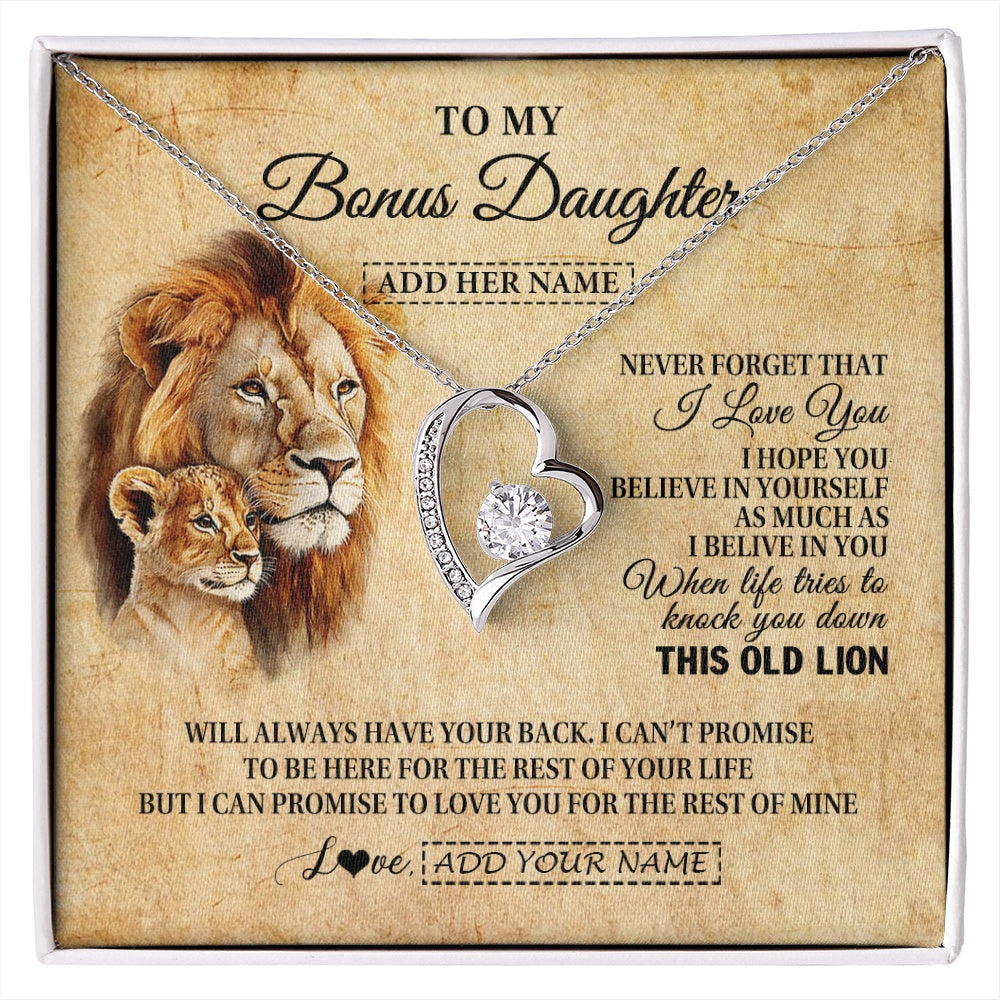 Forever Love Necklace 14K White Gold Finish | 1 | Personalized To My Bonus Daughter Gifts From Stepdad Lion Necklace I Love You Stepdaughter Birthday Gifts Graduation Christmas Custom Gift Box Message Card | siriusteestore.myshopify