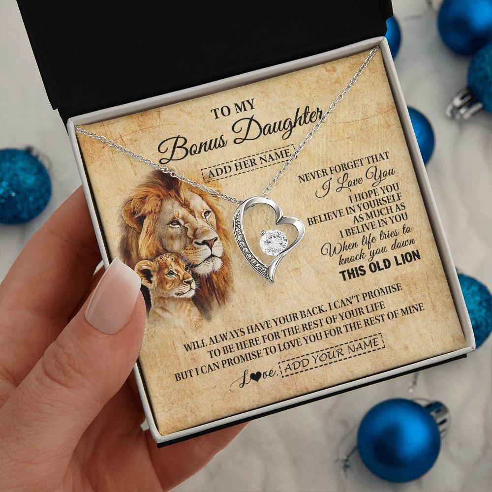 Forever Love Necklace 14K White Gold Finish | 2 | Personalized To My Bonus Daughter Gifts From Stepdad Lion Necklace I Love You Stepdaughter Birthday Gifts Graduation Christmas Custom Gift Box Message Card | siriusteestore.myshopify
