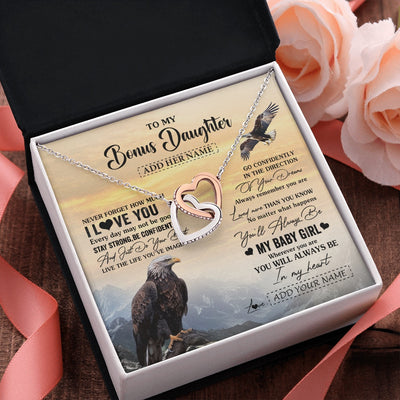 Interlocking Hearts Necklace Stainless Steel & Rose Gold Finish | 2 | Personalized To My Bonus Daughter Gifts From Stepdad Necklace Eagle Never Forget How Much I Love You Stepdaughter Birthday Christmas Gift Box Message Card | siriusteestore.myshopify