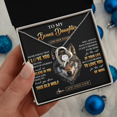 Forever Love Necklace 14K White Gold Finish | 2 | Personalized To My Bonus Daughter Gifts From Stepdad Stepmom Necklace Old Wolf Love You Stepdaughter Birthday Gifts Graduation Christmas Gift Box Message Card | siriusteestore