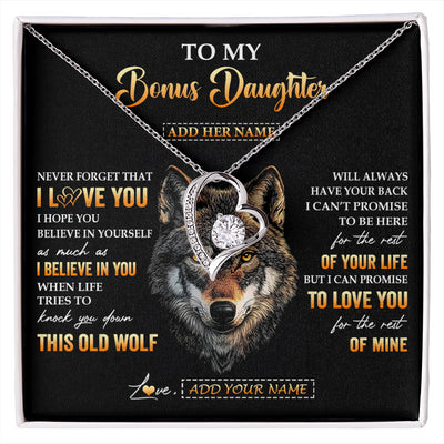 Forever Love Necklace 14K White Gold Finish | 1 | Personalized To My Bonus Daughter Gifts From Stepdad Stepmom Necklace Old Wolf Love You Stepdaughter Birthday Gifts Graduation Christmas Gift Box Message Card | siriusteestore