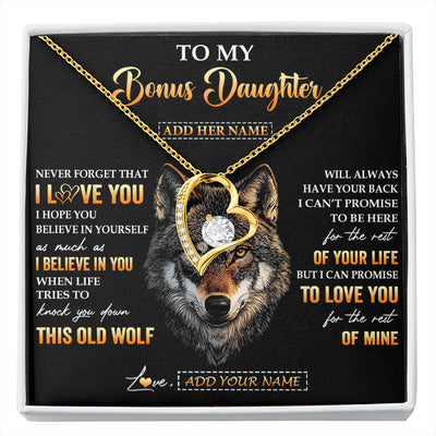 Forever Love Necklace 18K Yellow Gold Finish | 1 | Personalized To My Bonus Daughter Gifts From Stepdad Stepmom Necklace Old Wolf Love You Stepdaughter Birthday Gifts Graduation Christmas Gift Box Message Card | siriusteestore
