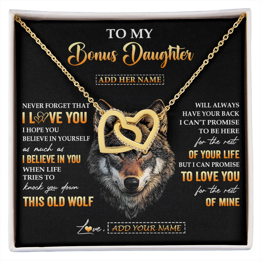 Interlocking Hearts Necklace 18K Yellow Gold Finish | 1 | Personalized To My Bonus Daughter Gifts From Stepdad Stepmom Necklace Old Wolf Love You Stepdaughter Birthday Gifts Graduation Christmas Gift Box Message Card | siriusteestore