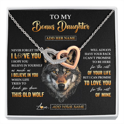 Interlocking Hearts Necklace Stainless Steel & Rose Gold Finish | 1 | Personalized To My Bonus Daughter Gifts From Stepdad Stepmom Necklace Old Wolf Love You Stepdaughter Birthday Gifts Graduation Christmas Gift Box Message Card | siriusteestore