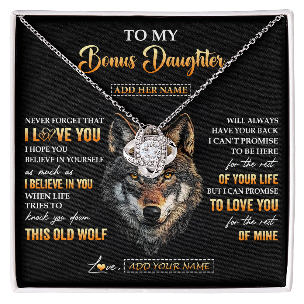 Love Knot Necklace 14K White Gold Finish | 1 | Personalized To My Bonus Daughter Gifts From Stepdad Stepmom Necklace Old Wolf Love You Stepdaughter Birthday Gifts Graduation Christmas Gift Box Message Card | siriusteestore