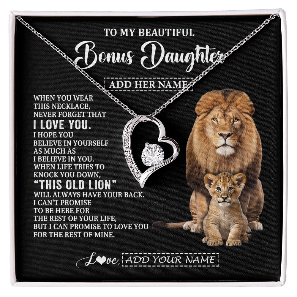 Forever Love Necklace 14K White Gold Finish | 1 | Personalized To My Bonus Daughter Gifts From Stepfather Necklace This Old Lion Love You Stepdaughter Birthday Gifts Christmas Customized Gift Box Message Card | https://siriusteestore.