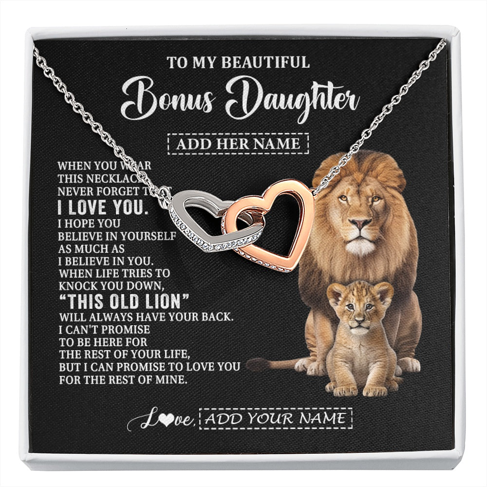 Interlocking Hearts Necklace Stainless Steel & Rose Gold Finish | 1 | Personalized To My Bonus Daughter Gifts From Stepfather Necklace This Old Lion Love You Stepdaughter Birthday Gifts Christmas Customized Gift Box Message Card | https://siriusteestore.