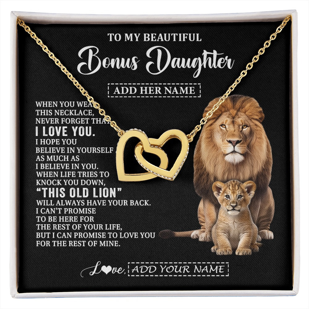 Interlocking Hearts Necklace 18K Yellow Gold Finish | 1 | Personalized To My Bonus Daughter Gifts From Stepfather Necklace This Old Lion Love You Stepdaughter Birthday Gifts Christmas Customized Gift Box Message Card | https://siriusteestore.