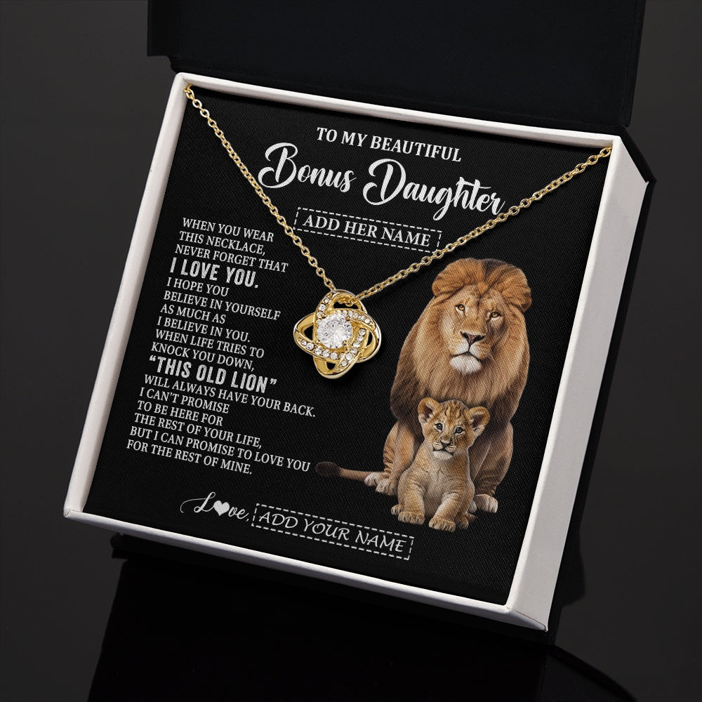 Love Knot Necklace 18K Yellow Gold Finish | 2 | Personalized To My Bonus Daughter Gifts From Stepfather Necklace This Old Lion Love You Stepdaughter Birthday Gifts Christmas Customized Gift Box Message Card | https://siriusteestore.