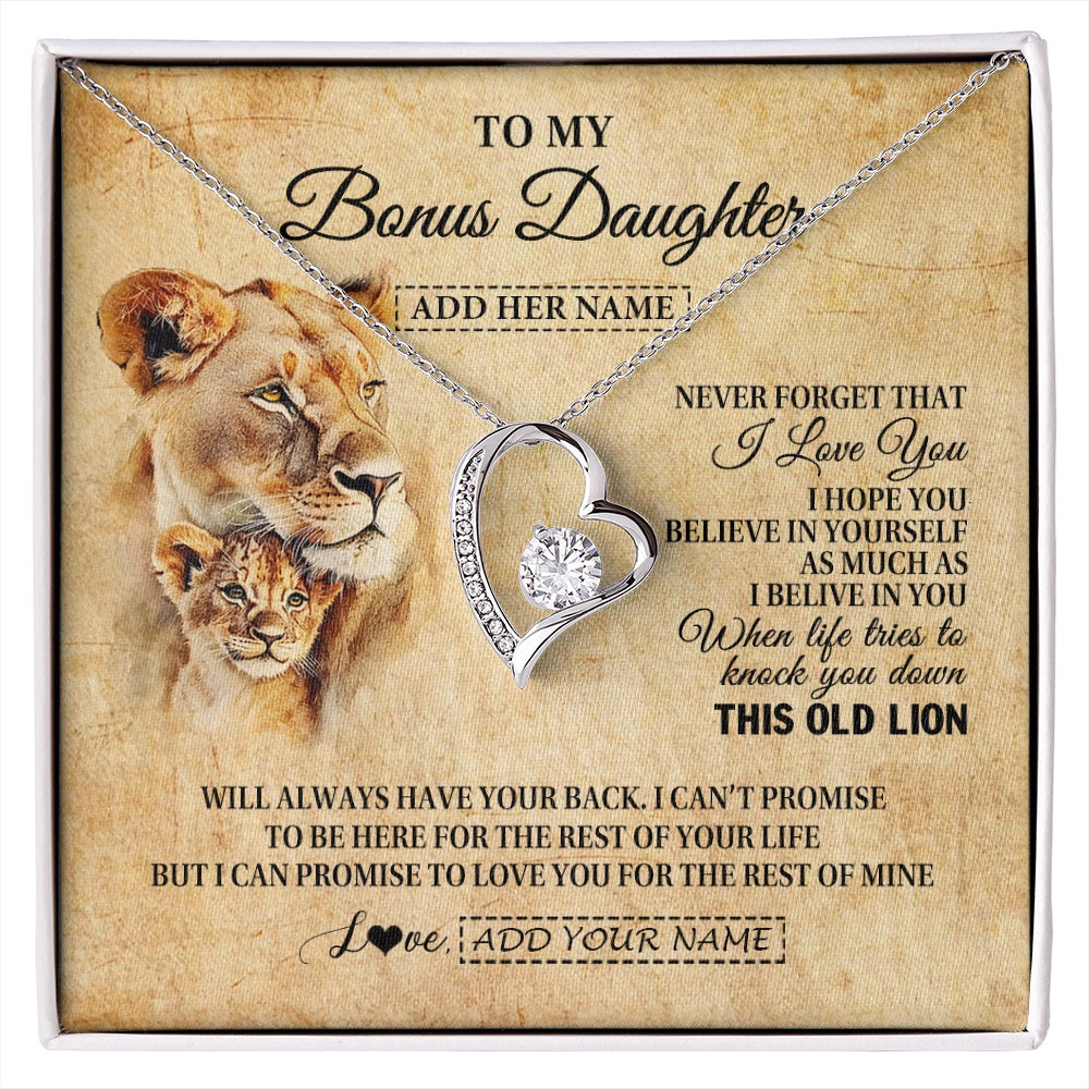 Forever Love Necklace 14K White Gold Finish | 1 | Personalized To My Bonus Daughter Gifts From Stepmom Lion Necklace I Love You Stepdaughter Birthday Gifts Graduation Christmas Custom Gift Box Message Card | siriusteestore.myshopify