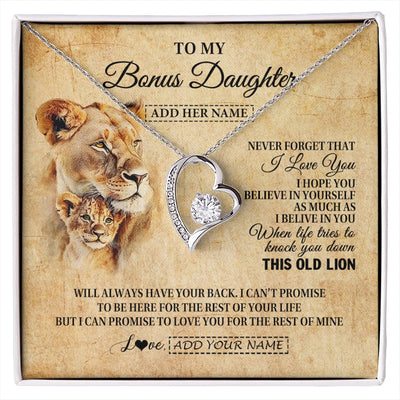 Forever Love Necklace 14K White Gold Finish | 1 | Personalized To My Bonus Daughter Gifts From Stepmom Lion Necklace I Love You Stepdaughter Birthday Gifts Graduation Christmas Custom Gift Box Message Card | siriusteestore.myshopify
